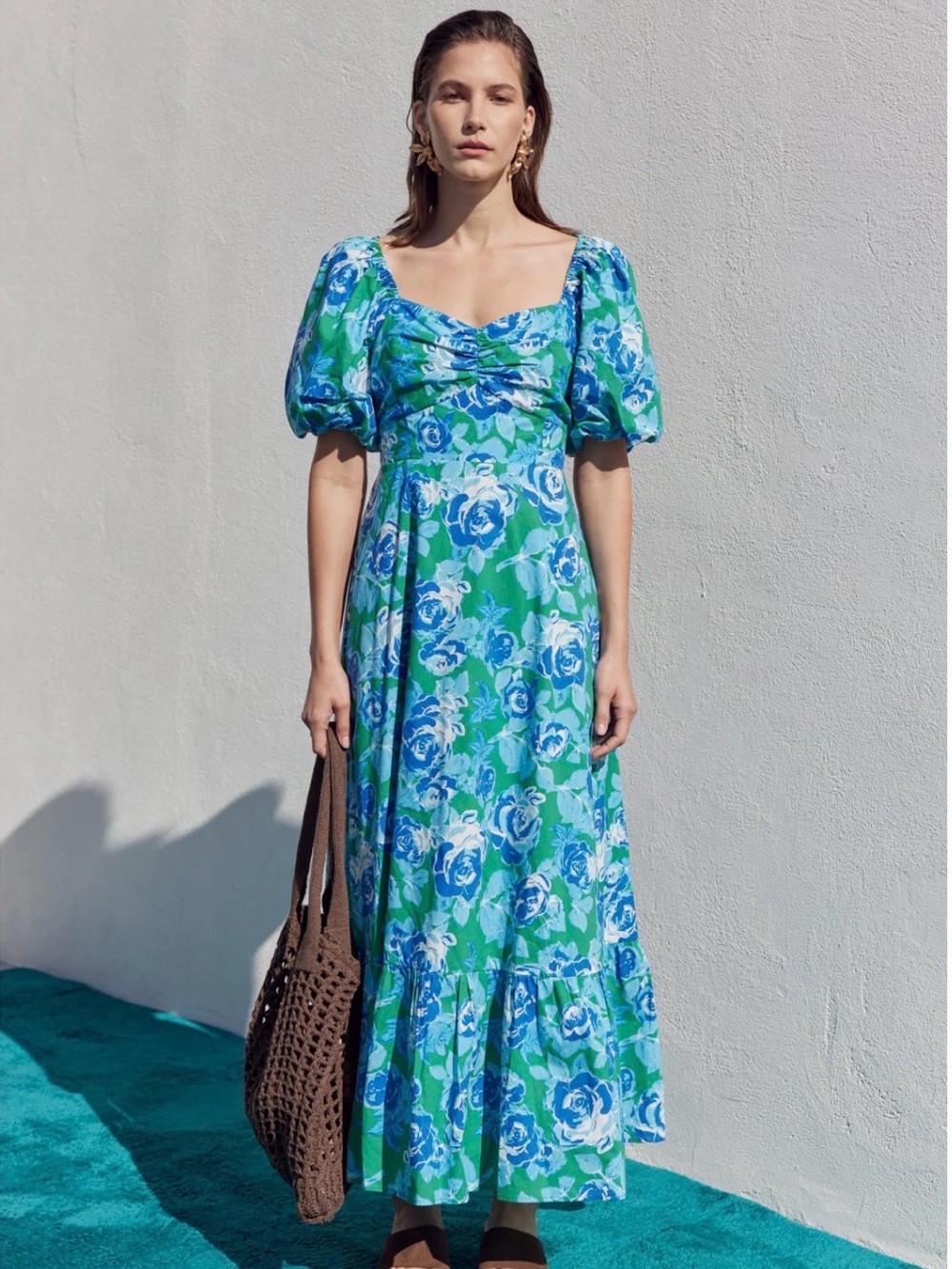 Floral Puff-Sleeve Maxi Dress in Green & Blue NWT